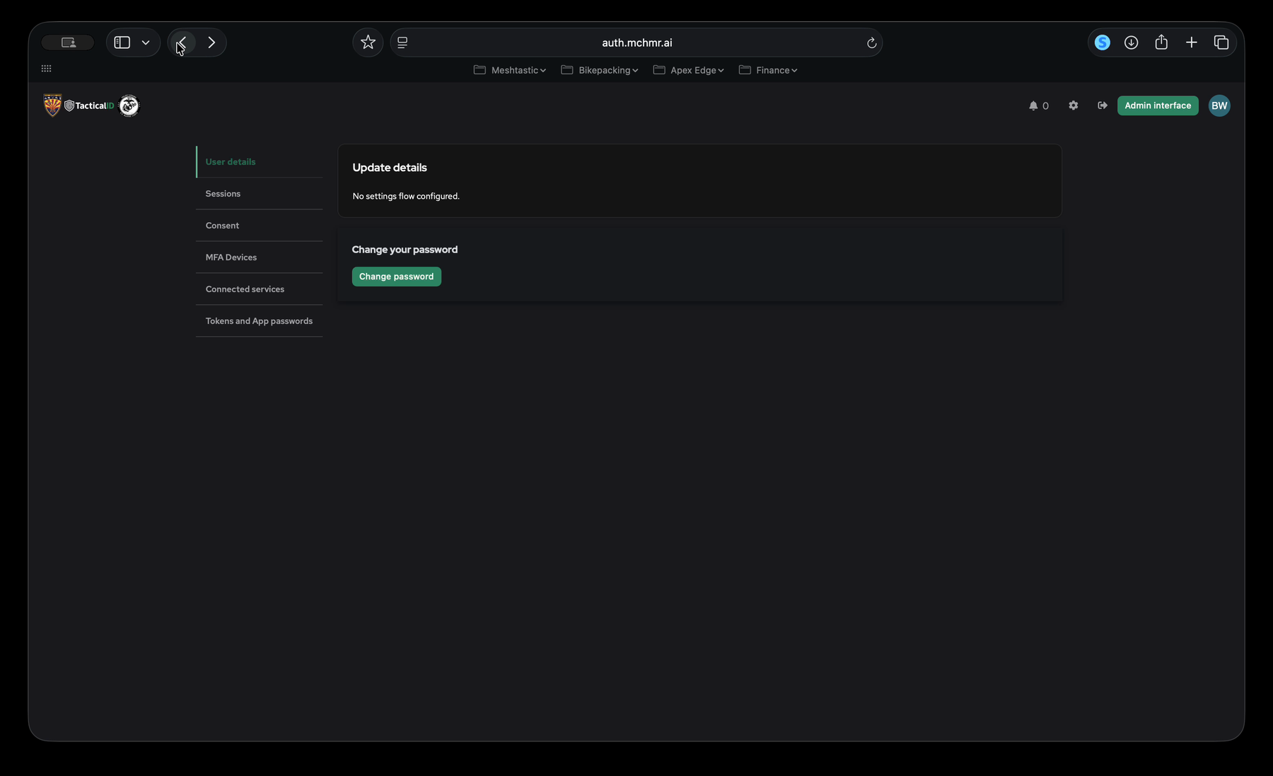 Account settings page — User details tab, Update details card, and Change your password card with Change password button