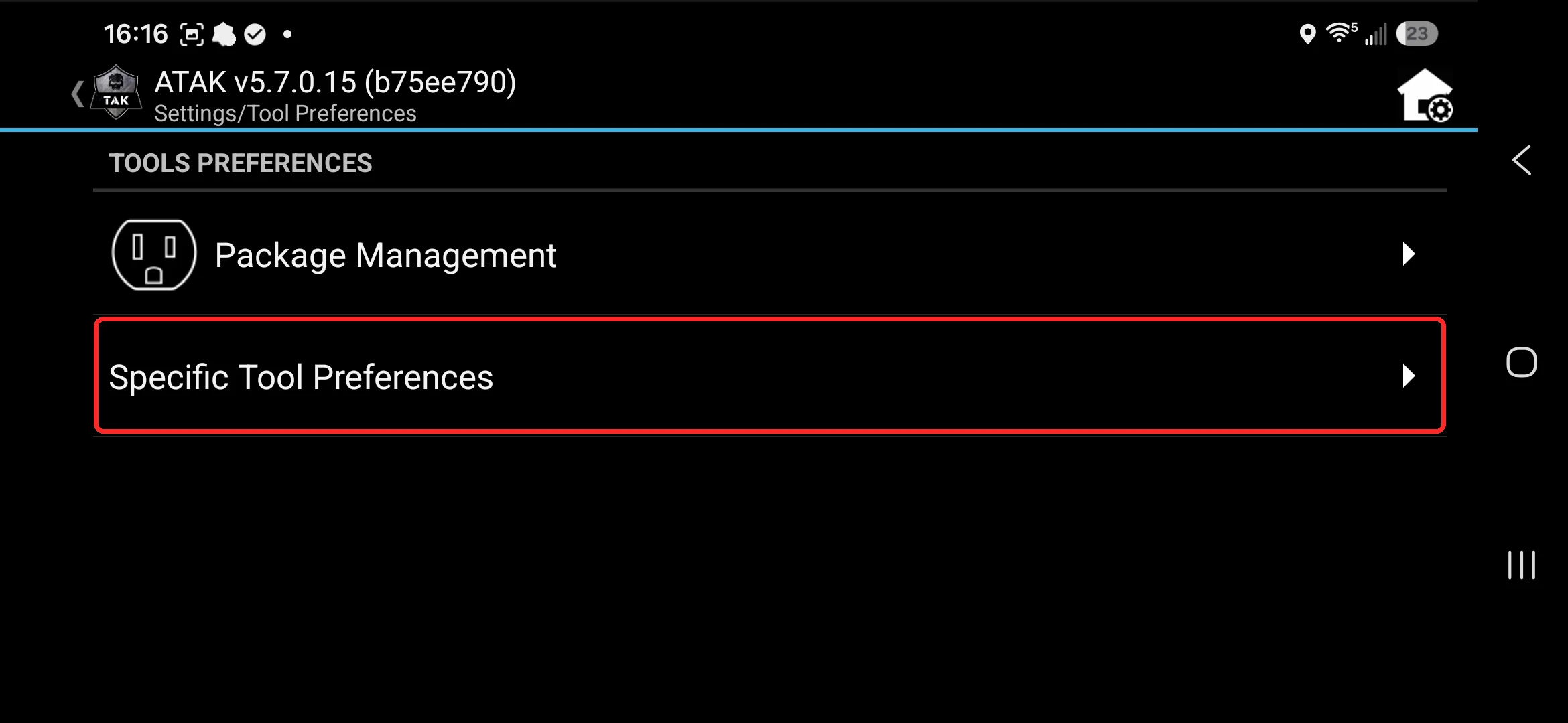 Tool Preferences screen with the Specific Tool Preferences row highlighted