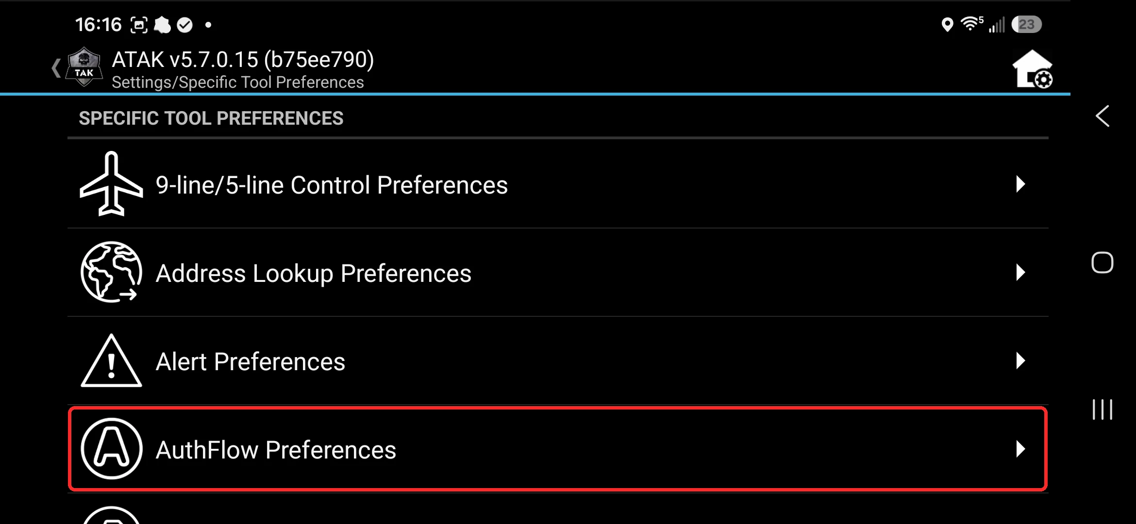 Specific Tool Preferences screen with AuthFlow Preferences listed