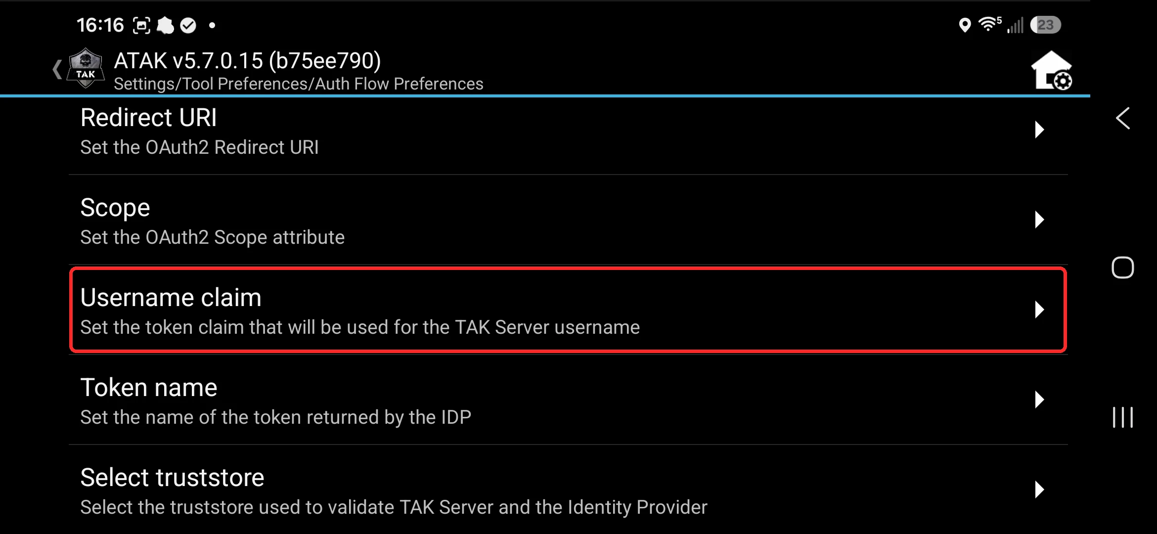 AuthFlow Preferences screen listing Redirect URI, Scope, Username claim, Token name and Select truststore