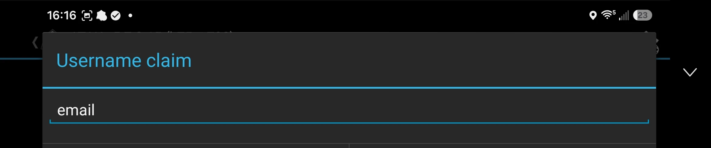 Username claim dialog with the value email entered