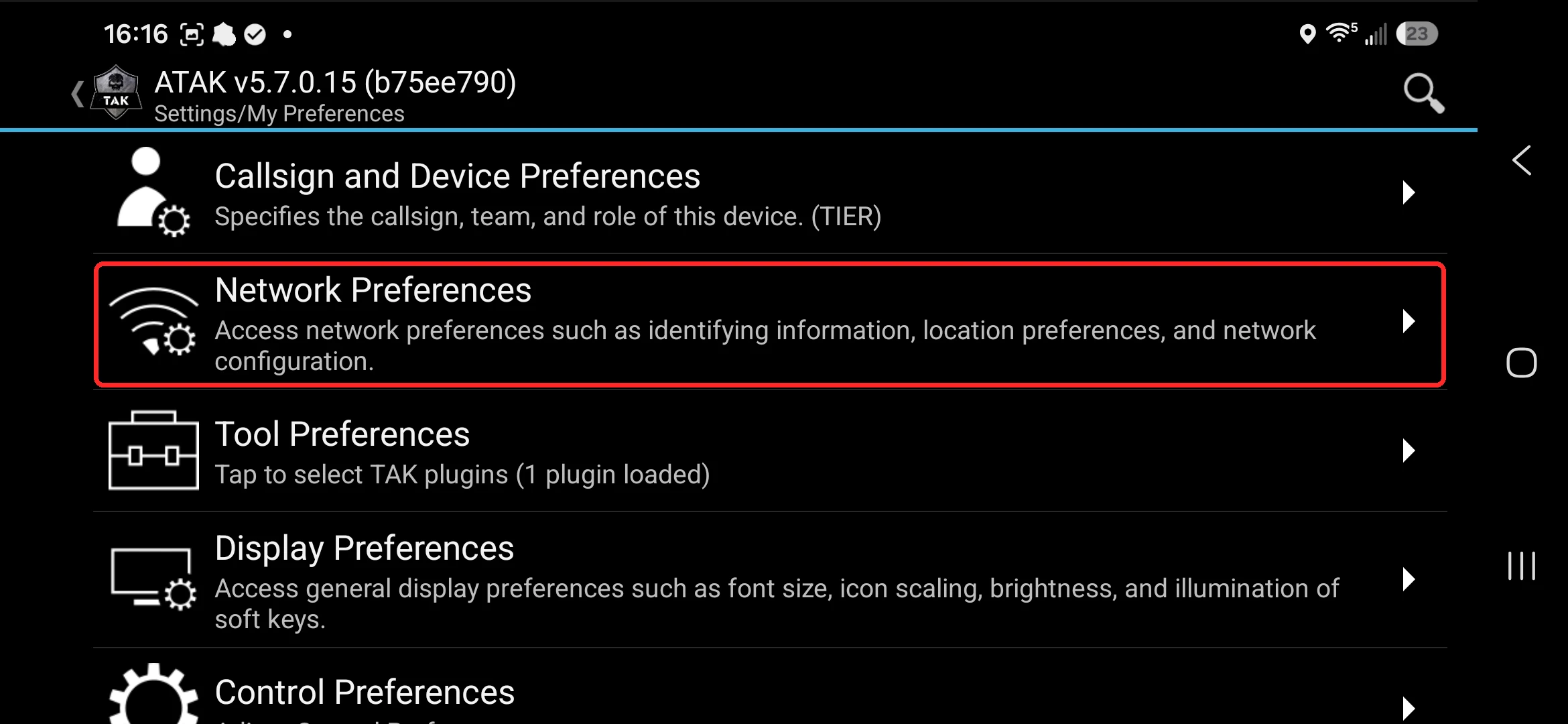 Settings / My Preferences screen with the Network Preferences row highlighted