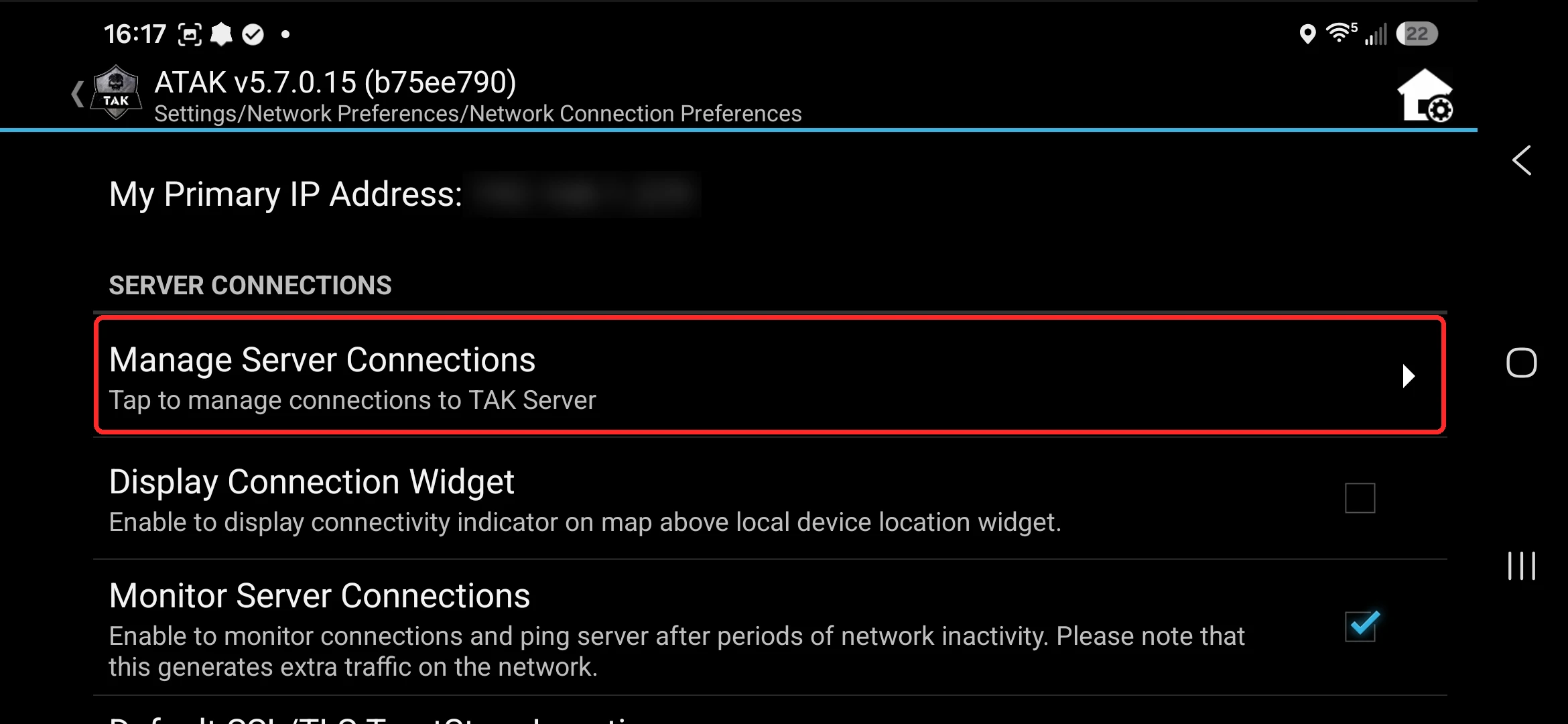 Network Connection Preferences screen with Manage Server Connections under Server Connections