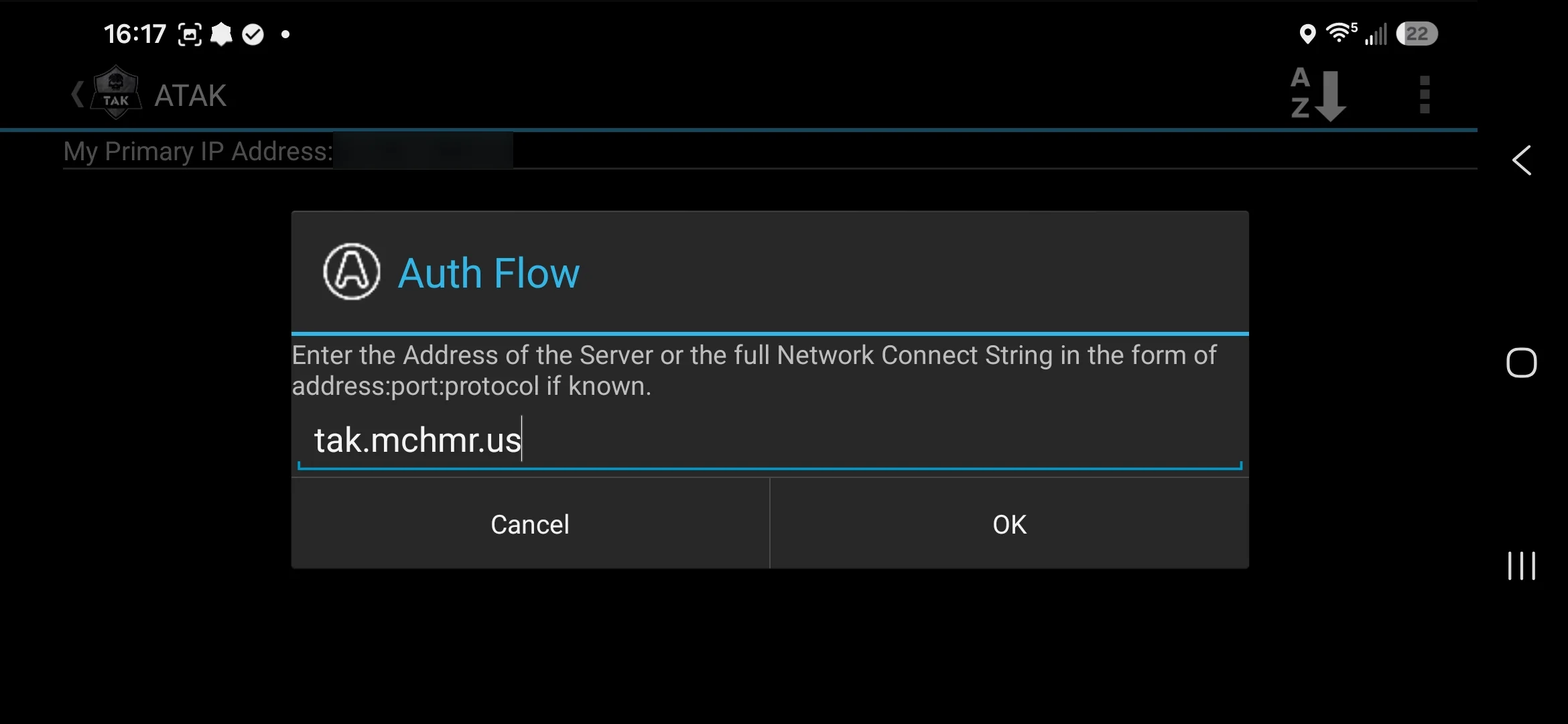 Auth Flow dialog with tak.mchmr.us entered as the server address