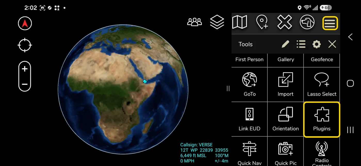 ATAK map with the Tools panel open and the Plugins tile in the third row