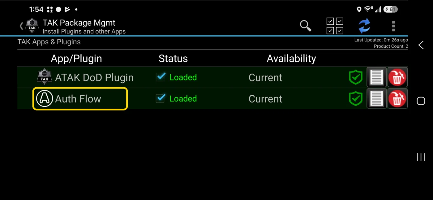 TAK Package Mgmt screen listing ATAK DoD Plugin and Auth Flow, both Loaded and Current
