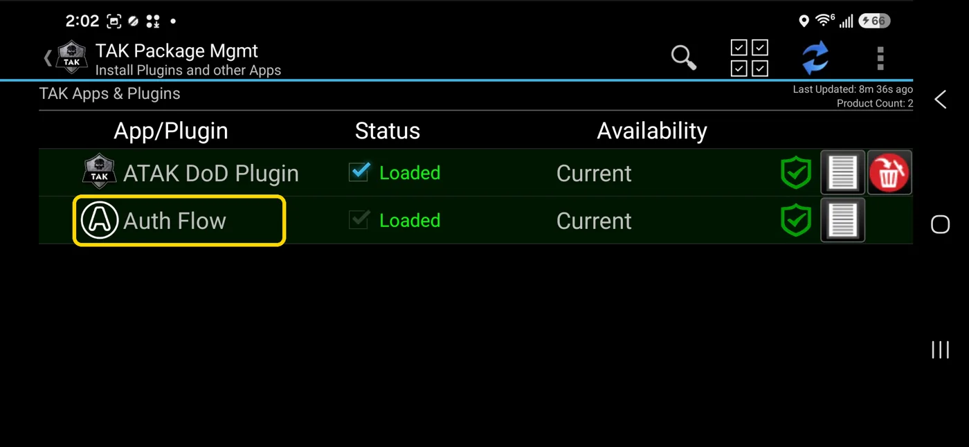 TAK Package Mgmt screen listing ATAK DoD Plugin and Auth Flow, both Loaded and Current