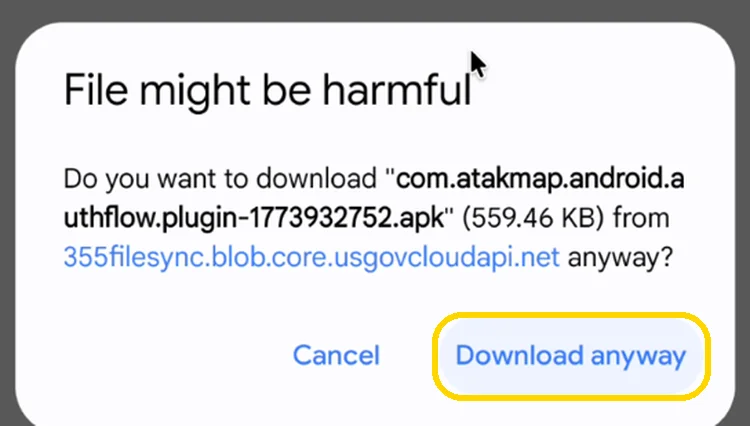 Chrome "File might be harmful" warning for the AuthFlow plugin APK, with the Download anyway button highlighted