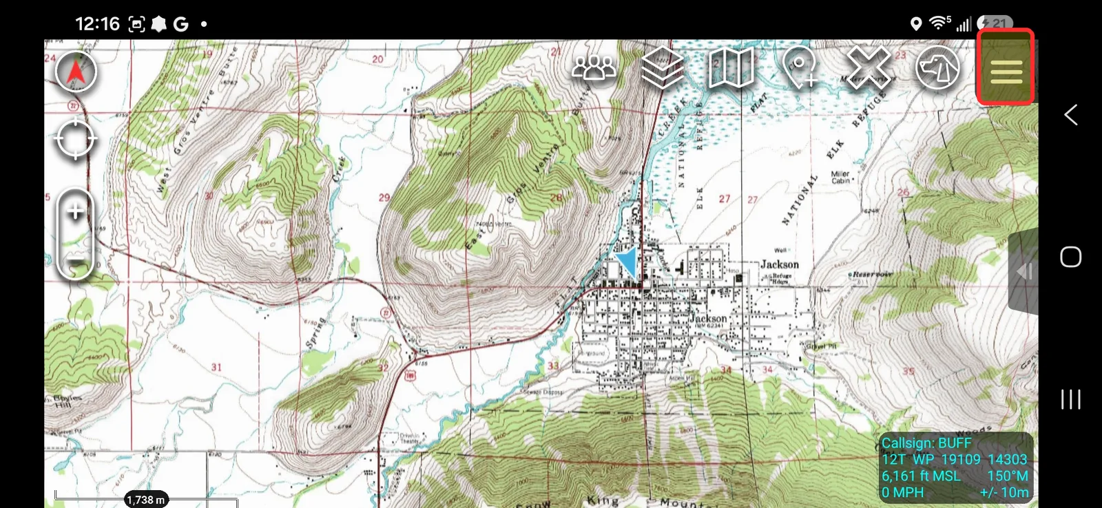ATAK map view with the Hamburger Menu icon highlighted in the top-right corner