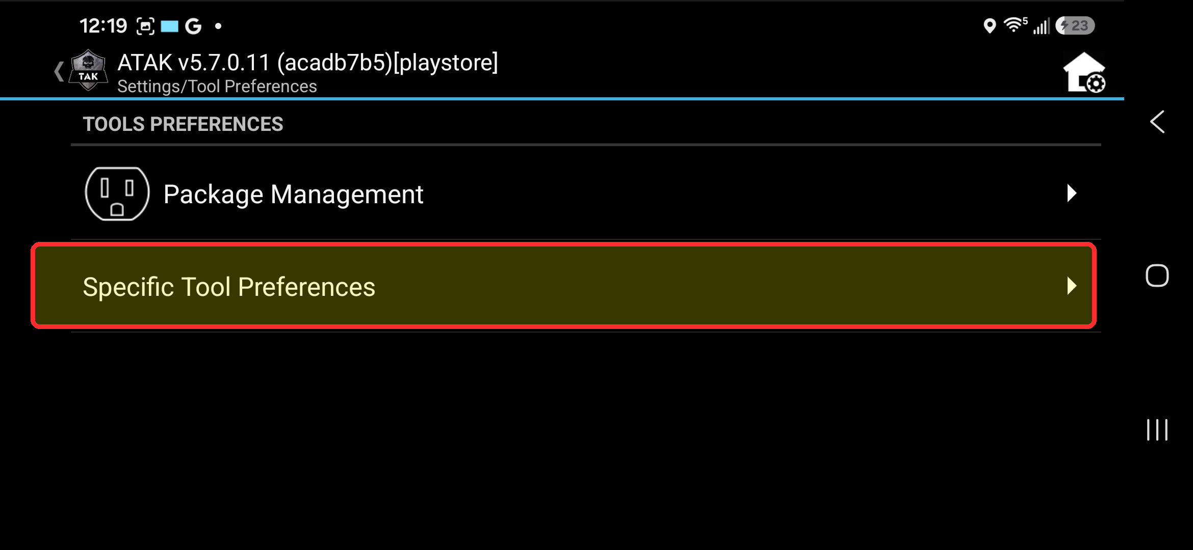 Tool Preferences screen with the Specific Tool Preferences row highlighted