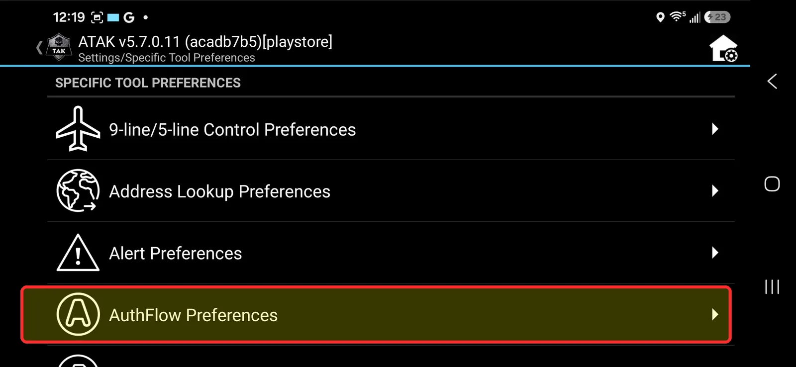 Specific Tool Preferences screen with the Auth Flow Preferences row highlighted