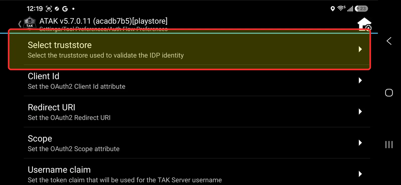 Auth Flow Preferences screen with the Select truststore row highlighted