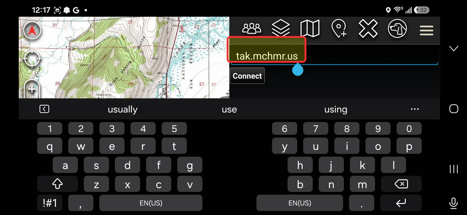 Connect screen with the correct tak.mchmr.us host entered