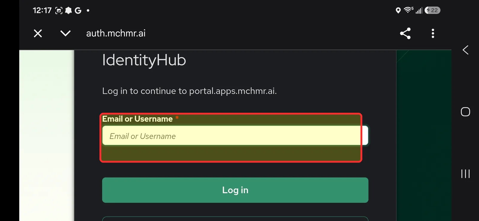 IdentityHub login popup with the Email or Username field highlighted