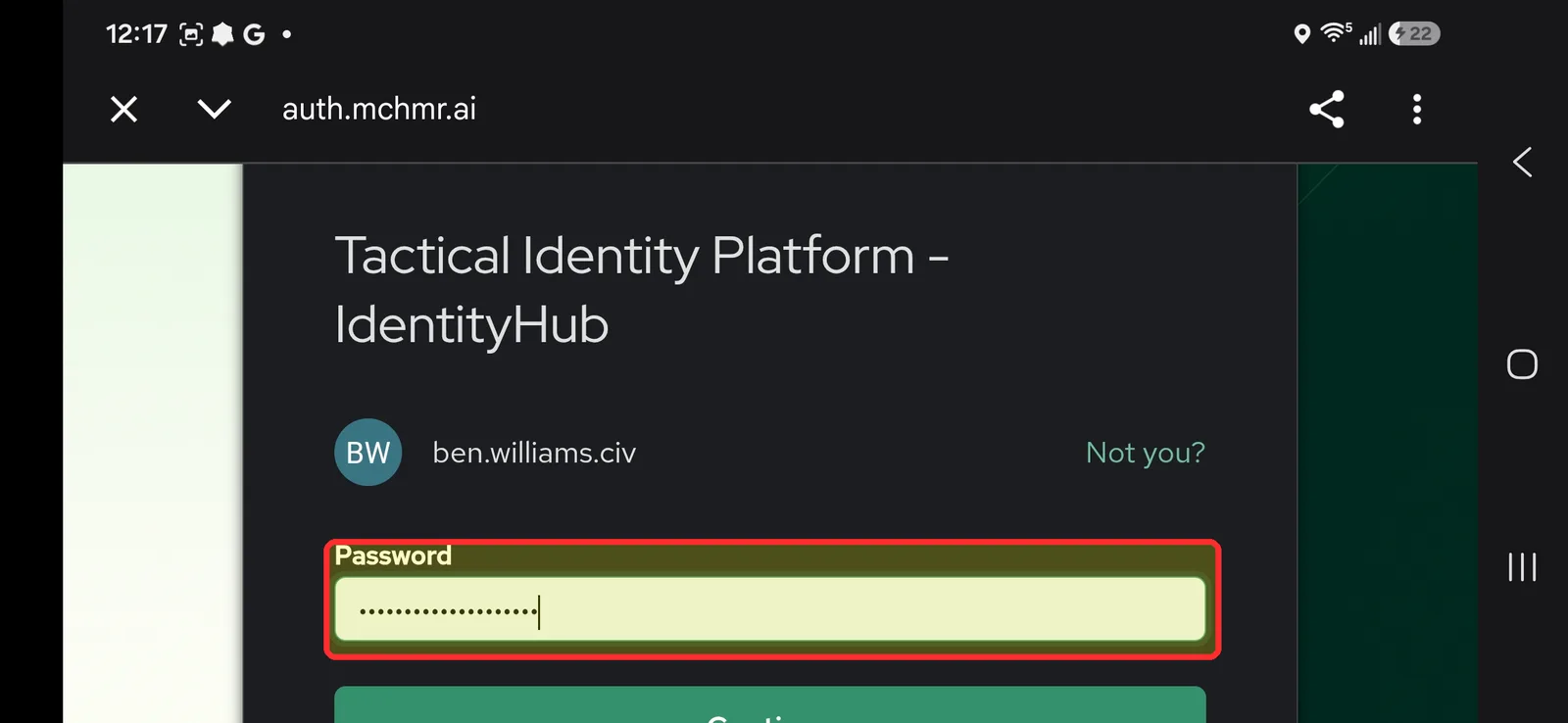 IdentityHub login popup with the Password field highlighted