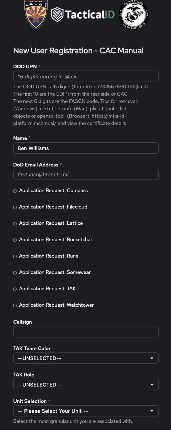 New User Registration - CAC Manual form — DOD UPN, name, email, app requests, unit selection
