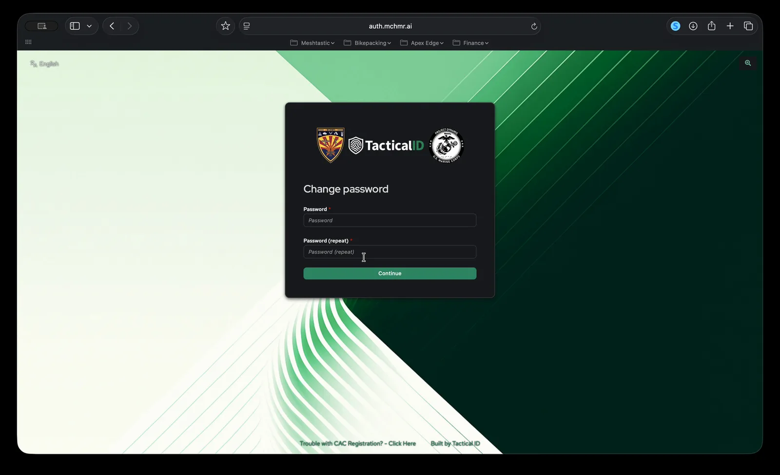 Change password screen — Password and Password (repeat) fields, Continue button