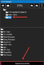 Cloud Manager showing the destination server directory and the Upload Selected Files button