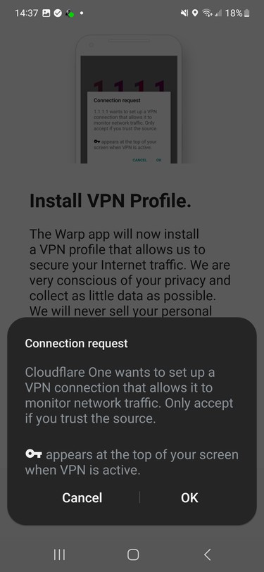 Android system Connection request dialog for Cloudflare One, with Cancel and OK options