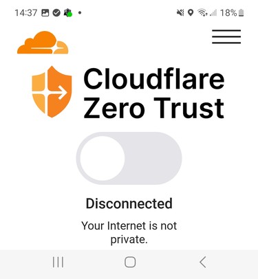 Cloudflare Zero Trust screen showing a Disconnected state with the toggle off