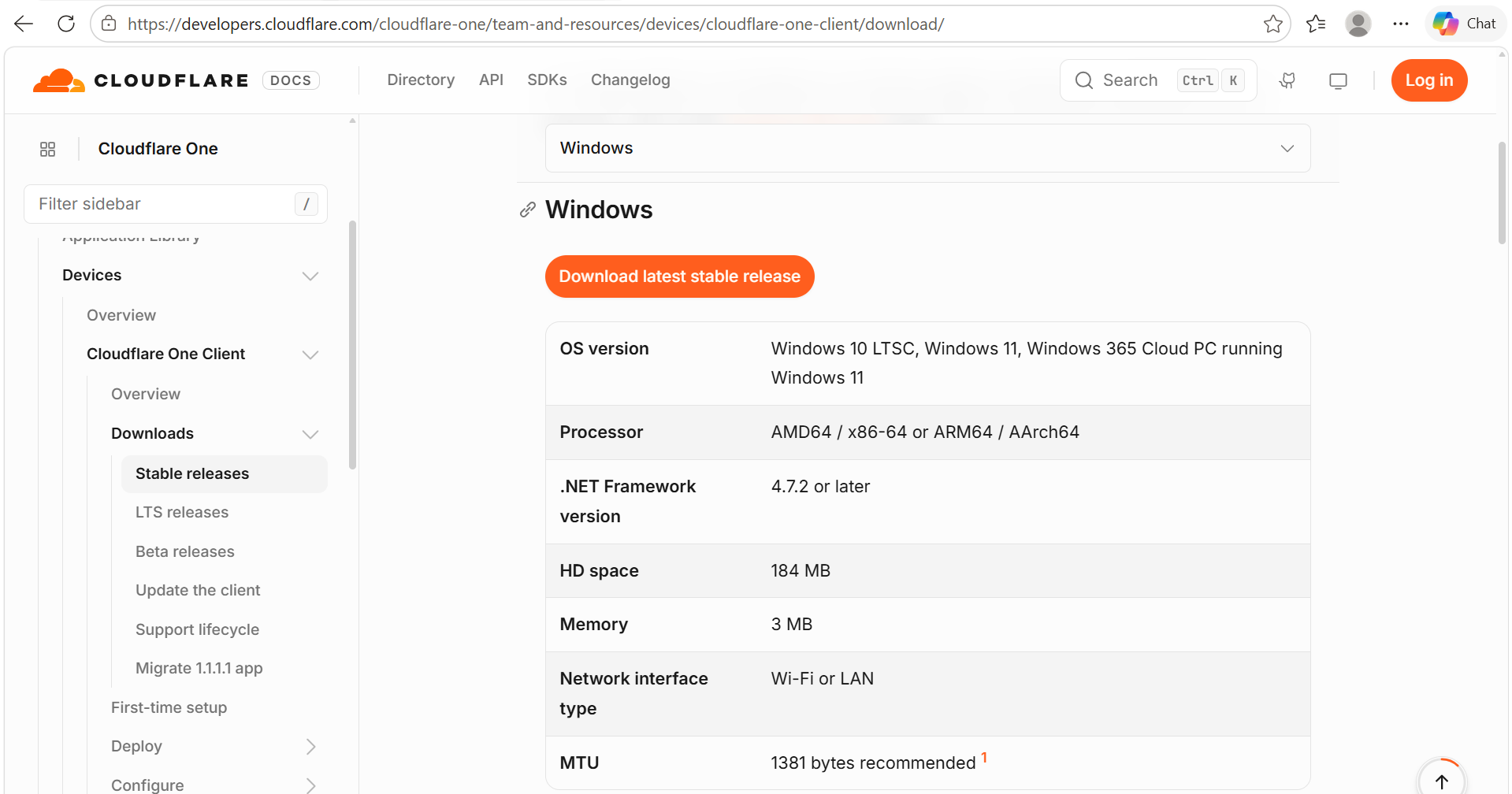 Step 1 - Cloudflare One Client Windows download page with system requirements and a Download latest stable release button