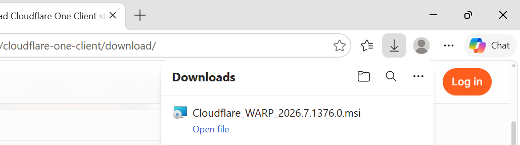 Step 2 - Browser download tray showing the Cloudflare_WARP .msi file with an Open file link