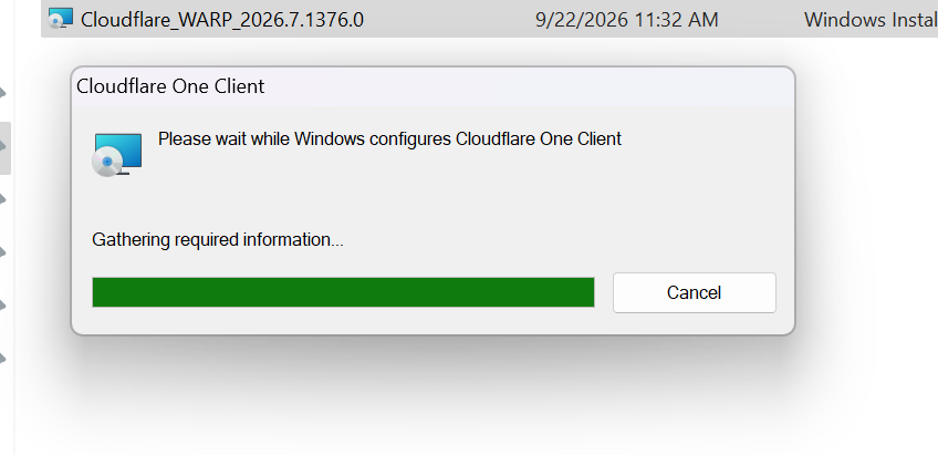 Step 3 - Windows Installer dialog showing "Please wait while Windows configures Cloudflare One Client"