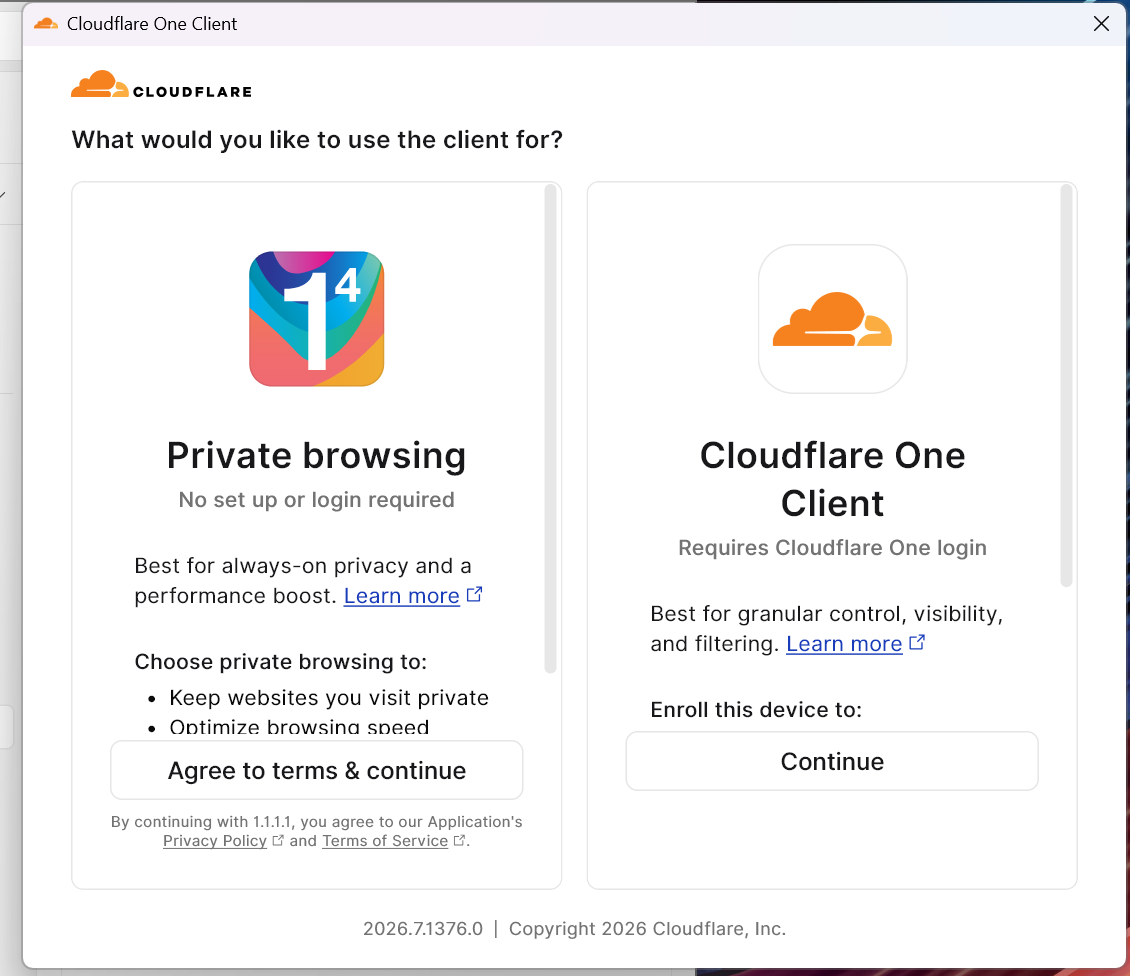 Step 4 - "What would you like to use the client for?" screen with Private Browsing and Cloudflare One Client options