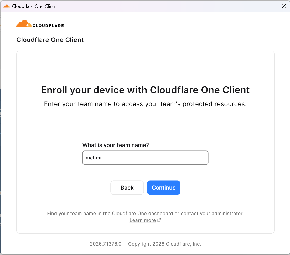 Step 5 - Enroll your device screen with team name field filled in as mchmr
