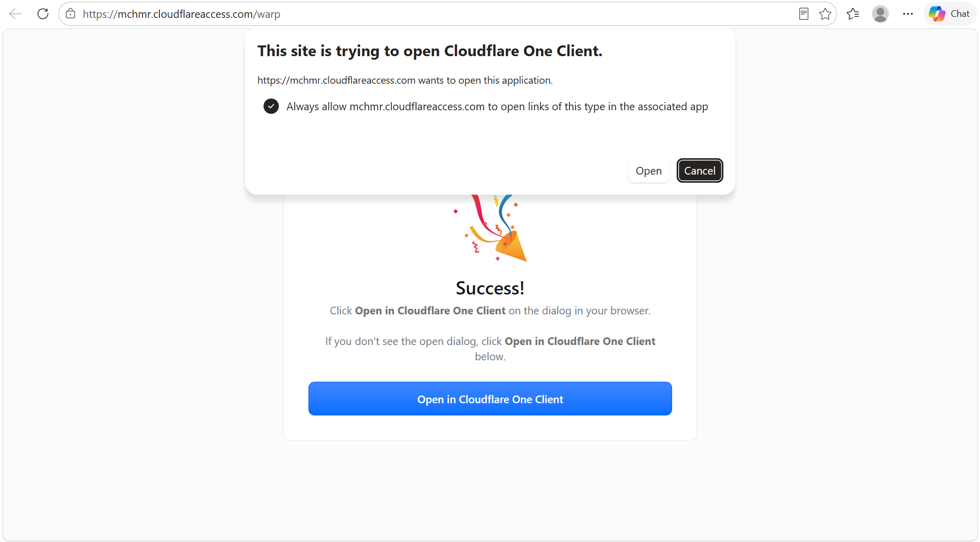 Step 7 - Browser dialog asking to open Cloudflare One Client, with Always allow checked