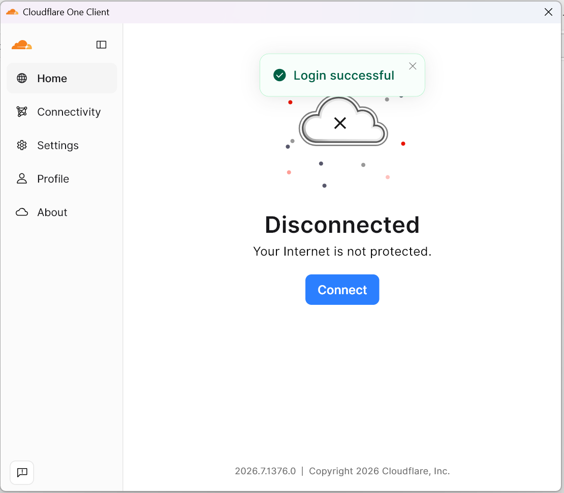 Step 8 - Cloudflare One Client showing a Login successful toast over the Disconnected state