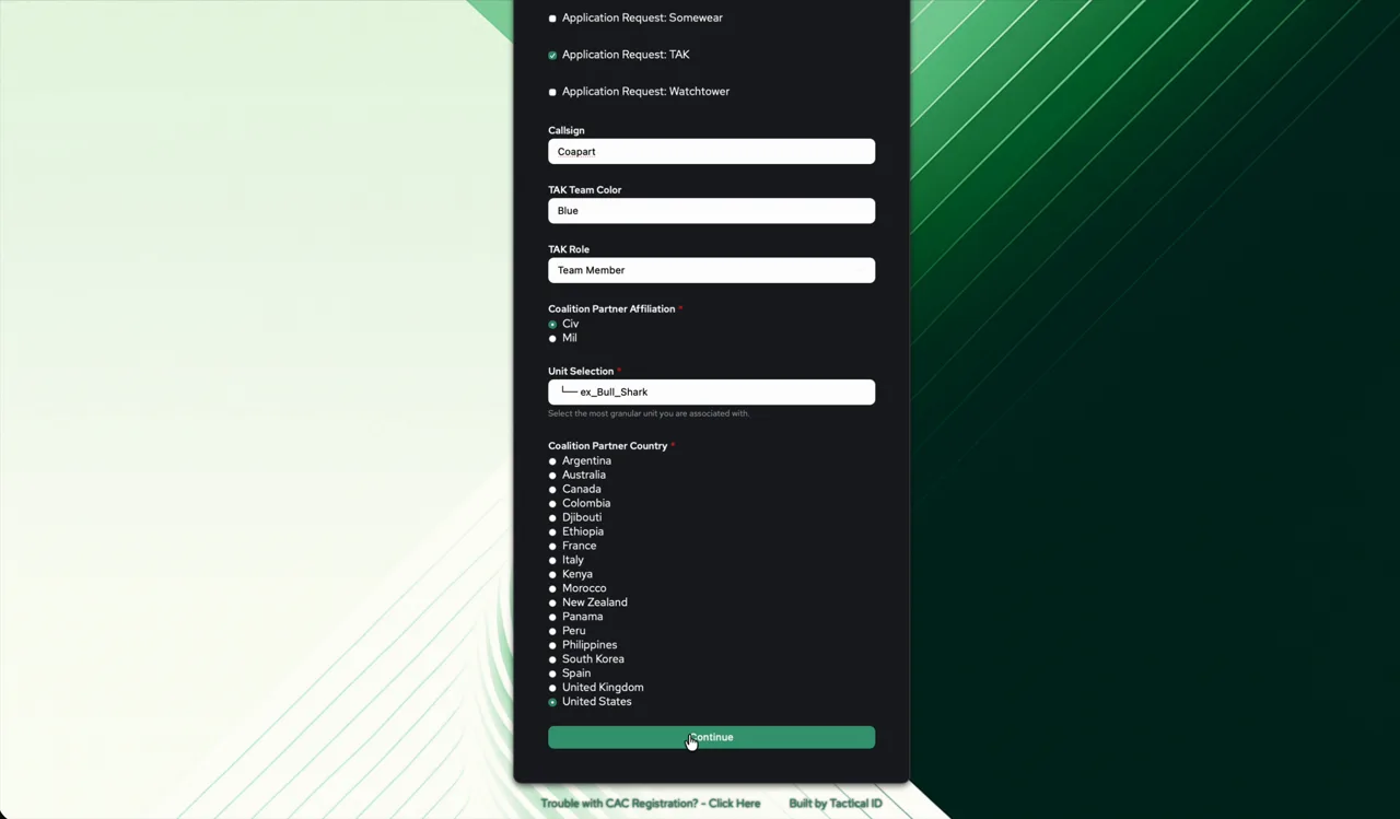 Partner registration form — app requests, affiliation, unit, and country