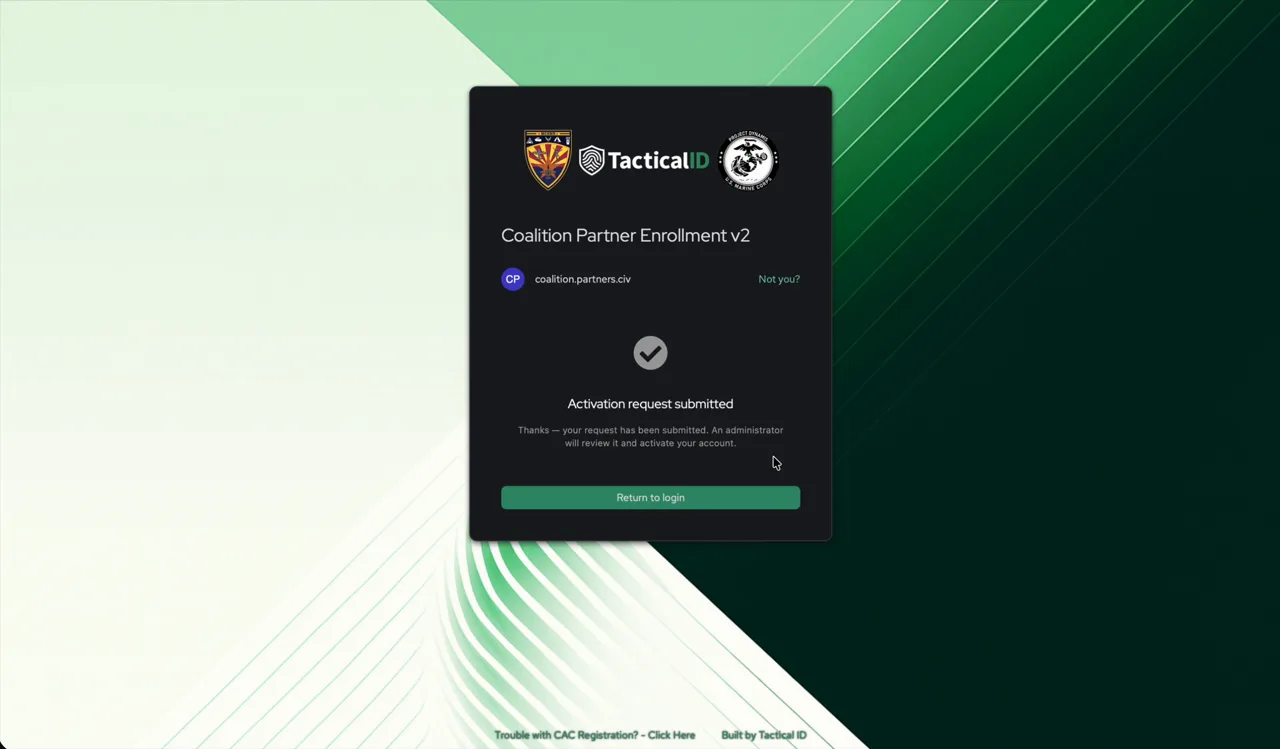 Activation request submitted confirmation screen