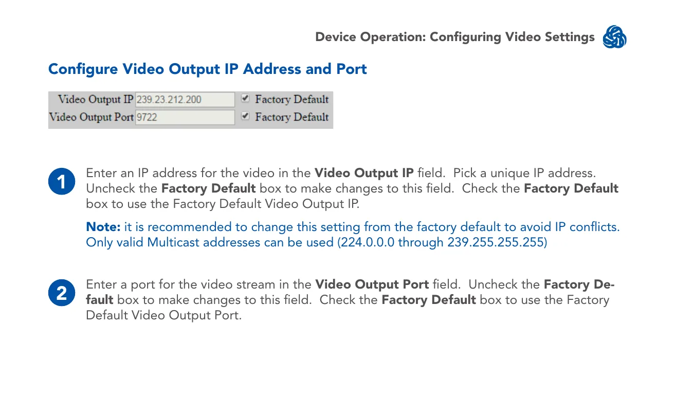 Video Output IP and Port fields