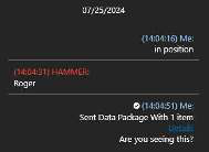 Chat log entry recording that a data package was sent