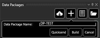 Data Packages panel with the Data Package Name field and Quicksend, Build and Cancel buttons