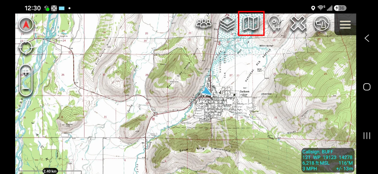 ATAK main map screen with the map selection icon highlighted in the top toolbar