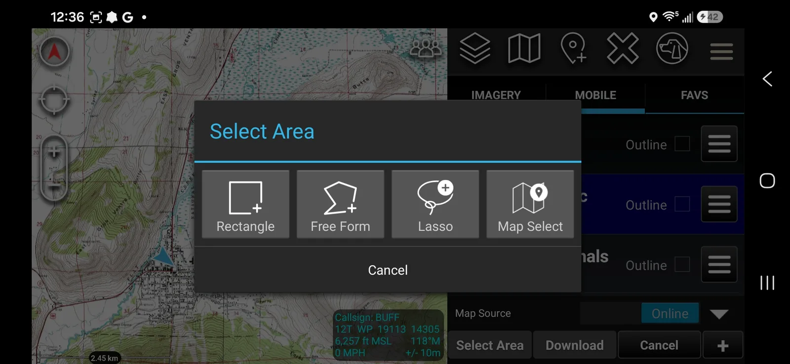 Select Area dialog with Rectangle, Free Form, Lasso, and Map Select options