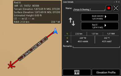 Red X placed on the map with the widget showing coordinates, terrain and surface elevation, and R&amp;B information