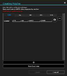 Creating Polyline window with coordinate format tabs, Add Coordinates and Paste Coordinates
