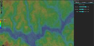 Elevation heatmap showing low elevations in blue and high elevations in red, with Intensity, Saturation and Value controls