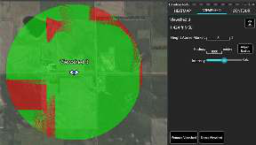 Viewshed circle with green areas visible to the viewer and red areas obstructed from view