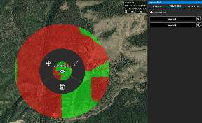 Viewshed displayed over terrain with the viewshed parameters panel open
