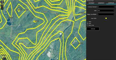 Generated contour lines on the map with the Contour tab settings