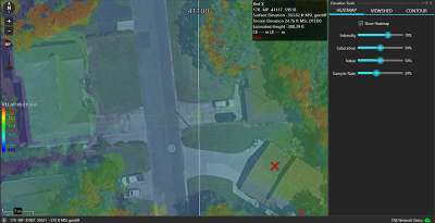 DSM heatmap with a Red X placed to show Terrain Elevation and Surface Elevation