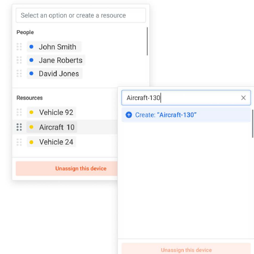 Resource picker showing People, Resources, and the Create option for a new resource