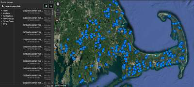 Imported WFS layer displayed on the map with its entries listed in Overlay Manager