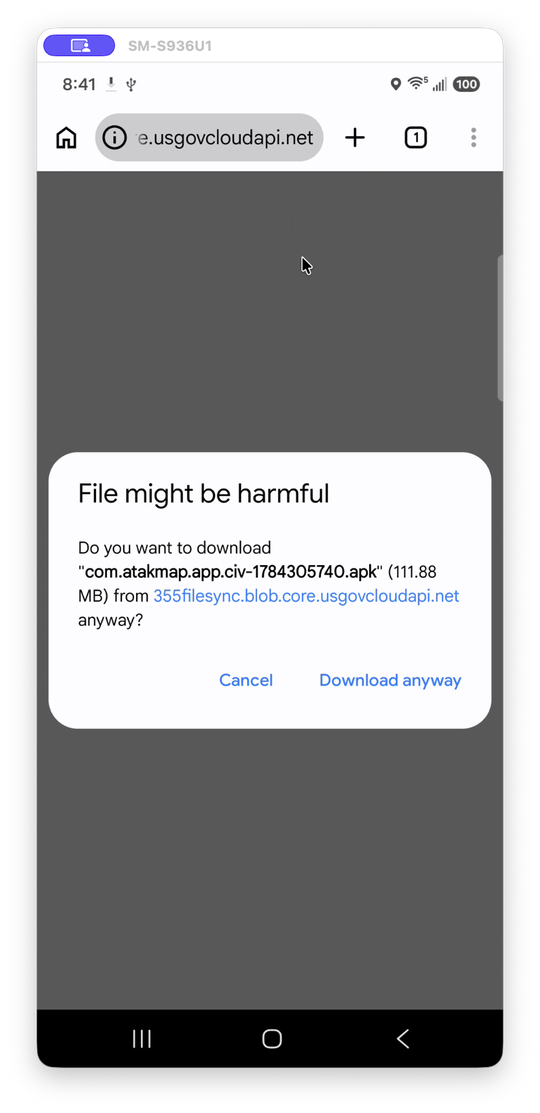 Chrome "File might be harmful" warning for the com.atakmap.app.civ APK, with Cancel and Download anyway options