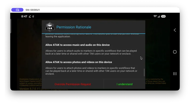 Permission Rationale dialog listing audio and photo/video access, with Override Permission Request and I understand options