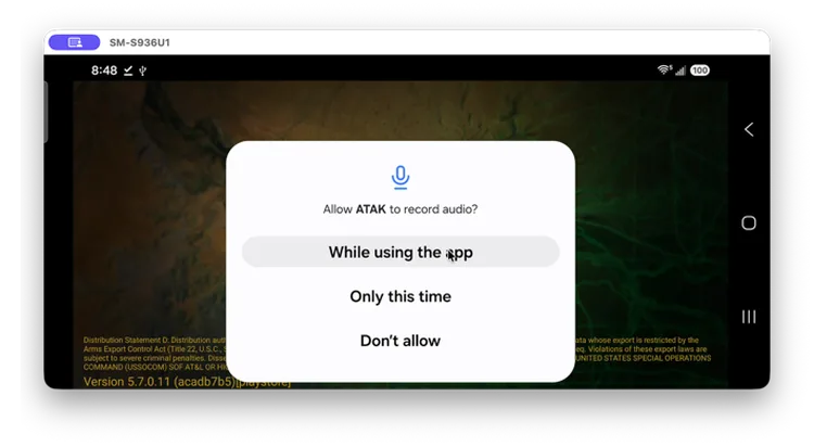 Allow ATAK to record audio? prompt with While using the app, Only this time, and Don't allow options